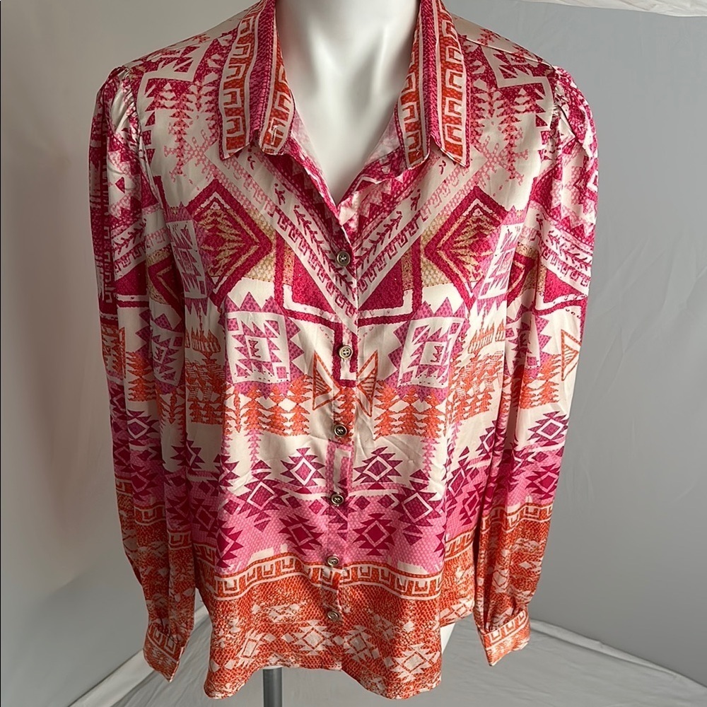 Pookie & Sebastian oversized multicolor pink orange button down blouse